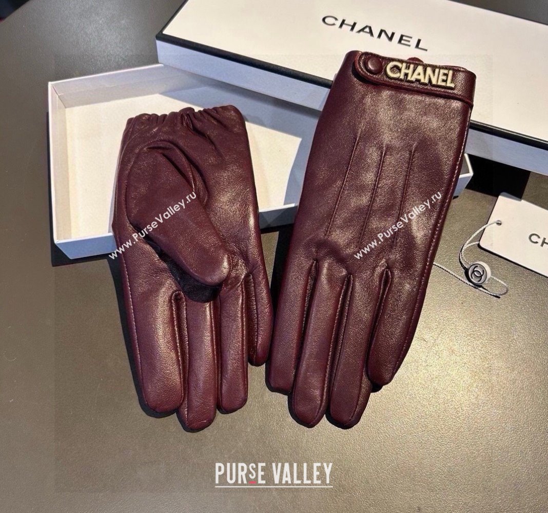 Chanel Lambskin and Cashmere Gloves with Logo Strap Burgundy 2024 1022 (A-241023143)