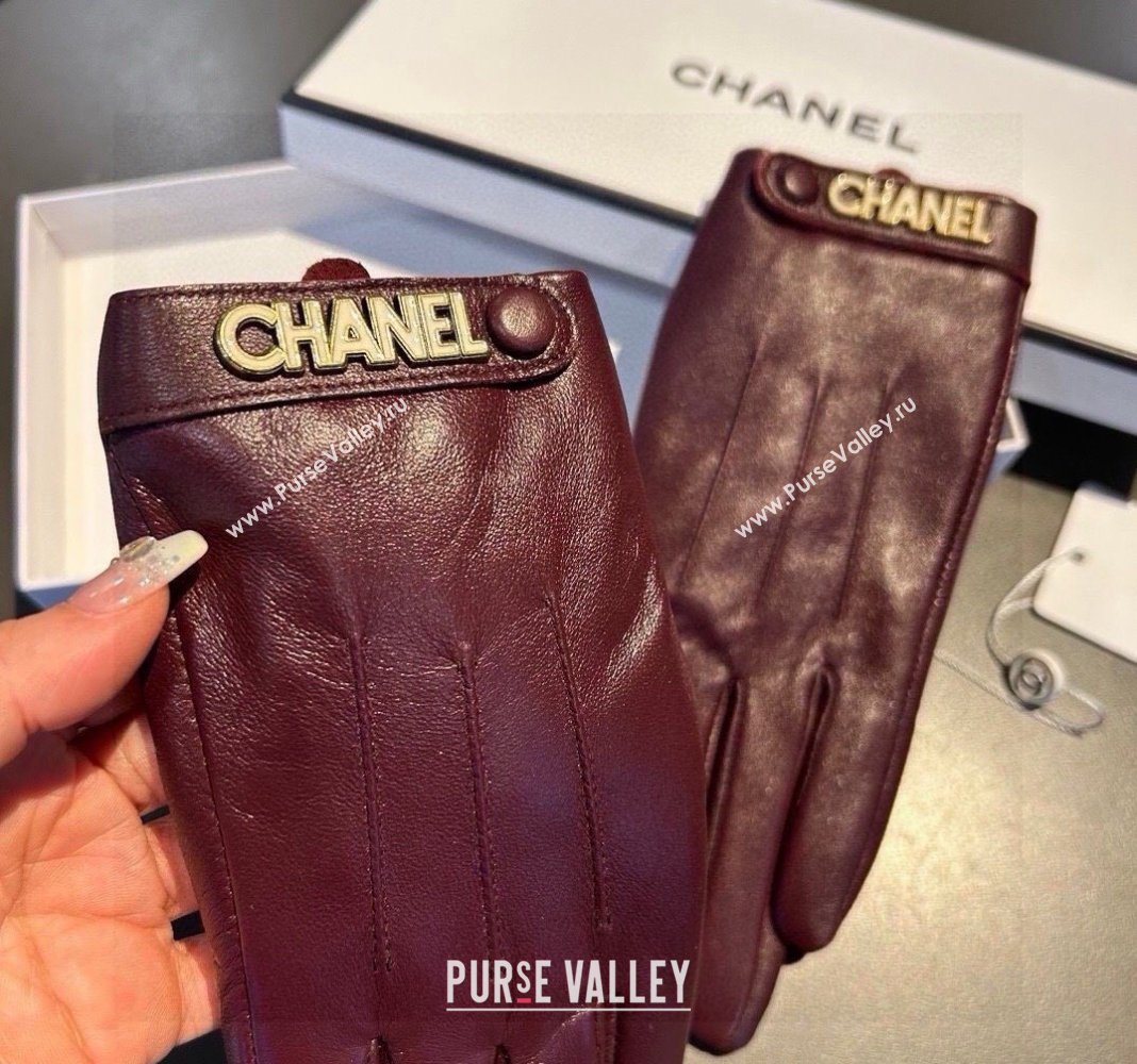 Chanel Lambskin and Cashmere Gloves with Logo Strap Burgundy 2024 1022 (A-241023143)