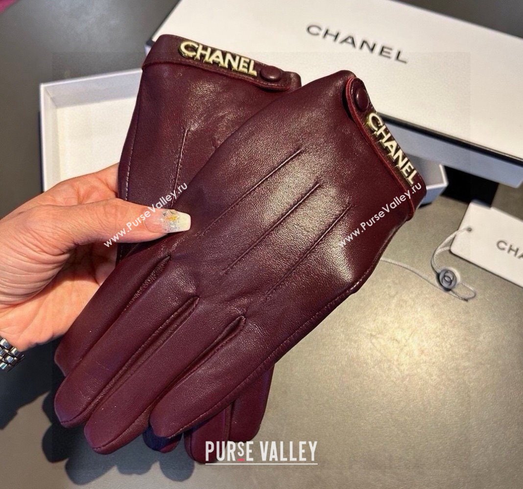 Chanel Lambskin and Cashmere Gloves with Logo Strap Burgundy 2024 1022 (A-241023143)