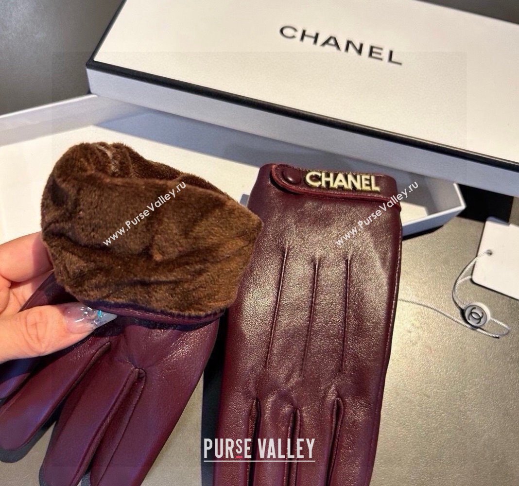 Chanel Lambskin and Cashmere Gloves with Logo Strap Burgundy 2024 1022 (A-241023143)