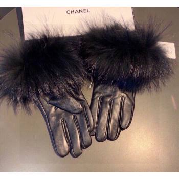 Chanel Rabbit Fur and Black Lambskin Gloves with Fox Fur Charm Blue 2024 1129 (XMN-241129045)