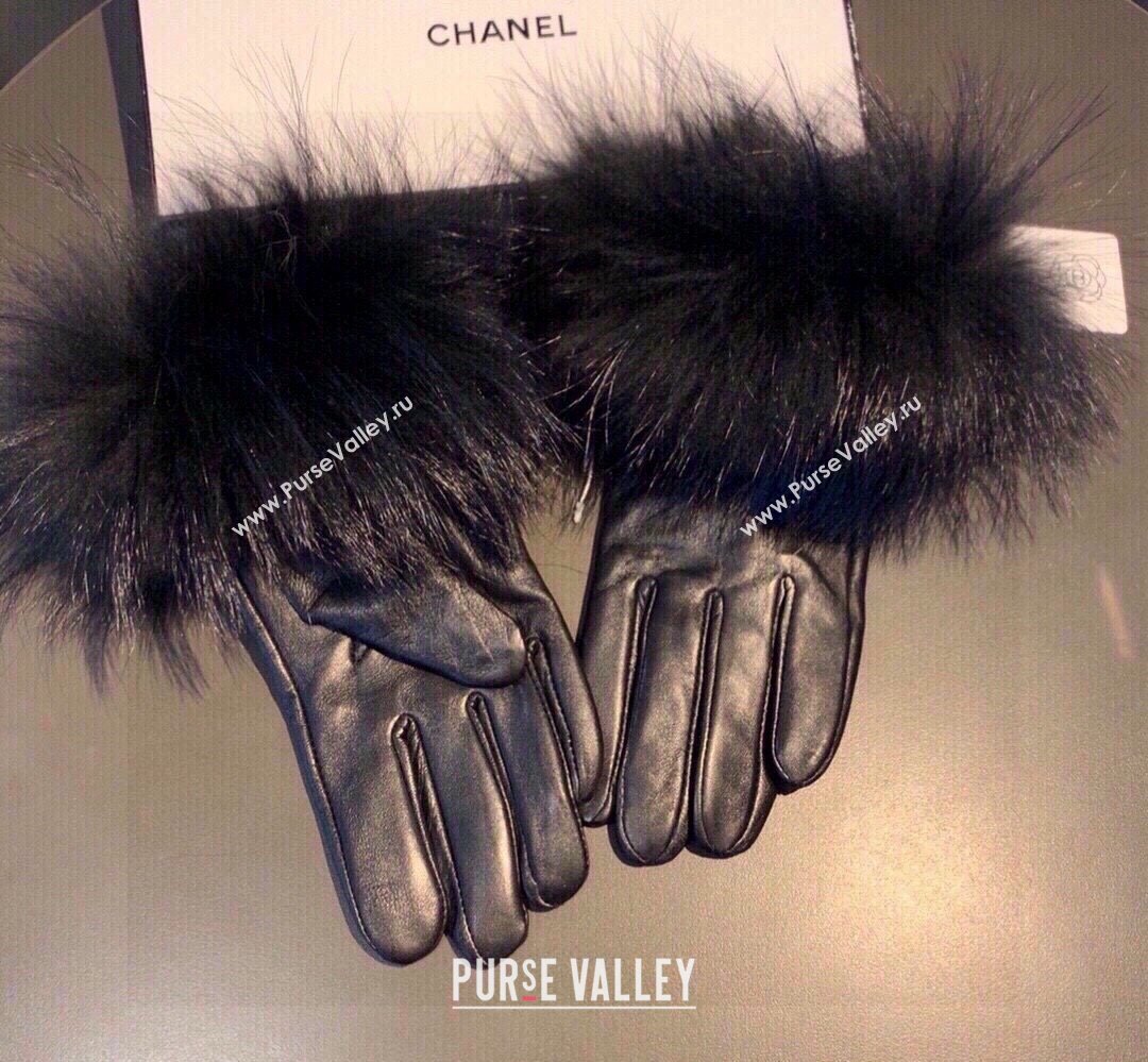 Chanel Rabbit Fur and Black Lambskin Gloves with Fox Fur Charm Blue 2024 1129 (XMN-241129045)