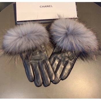 Chanel Rabbit Fur and Lambskin Gloves with Fox Fur Charm Grey 2024 1129 (XMN-241129047)