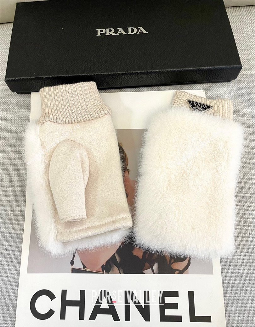 Prada Wool and MinkFur-Like Gloves White 2024 1129 (A-241129071)