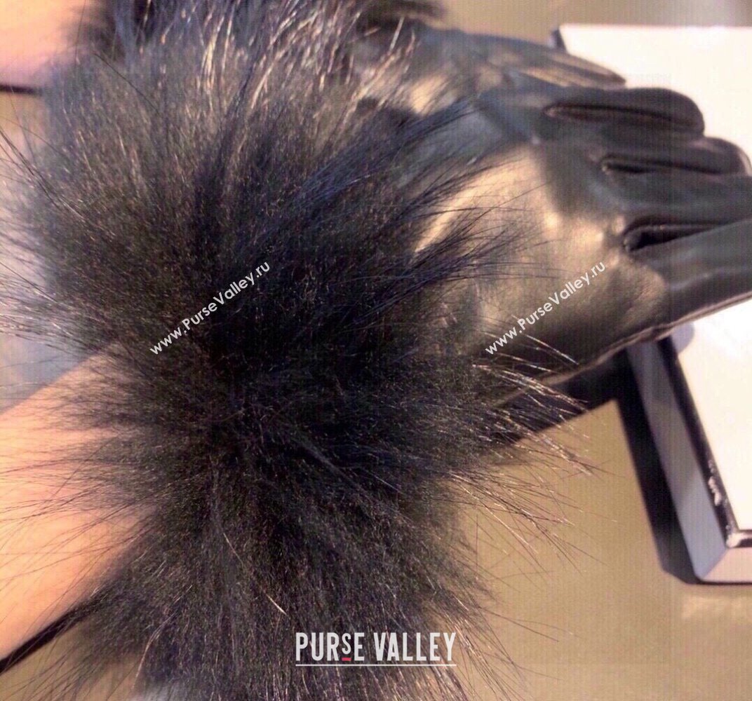 Chanel Rabbit Fur and Black Lambskin Gloves with Fox Fur Charm Blue 2024 1129 (XMN-241129045)