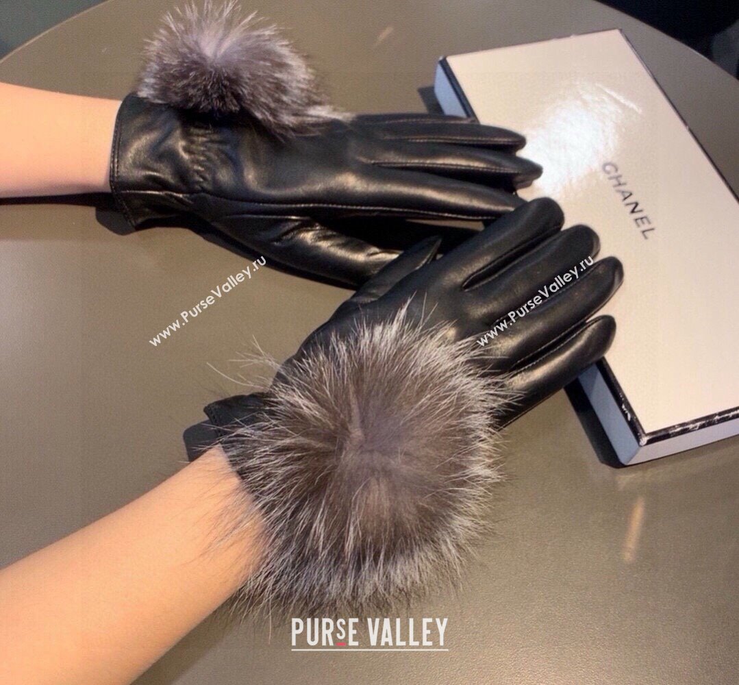 Chanel Rabbit Fur and Black Lambskin Gloves with Fox Fur Pompon Grey 2024 1129 (XMN-241129049)