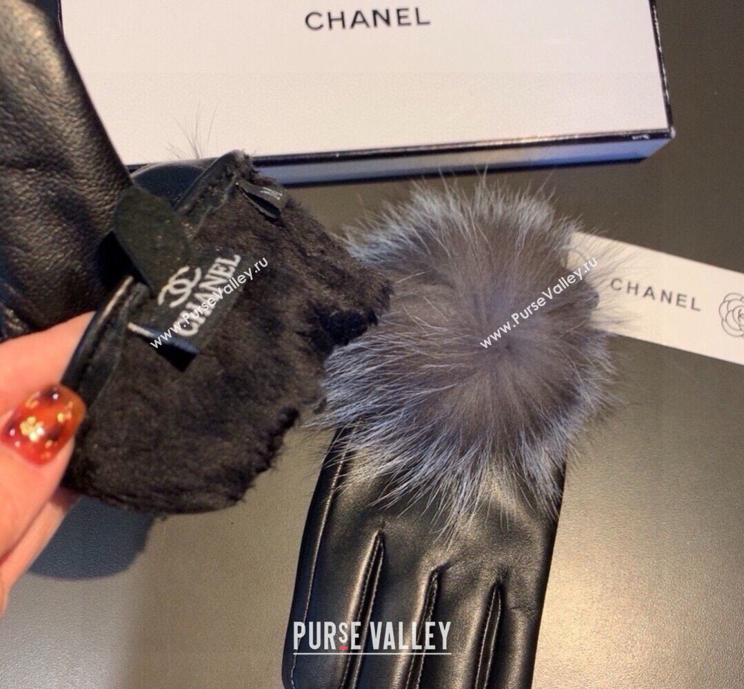 Chanel Rabbit Fur and Black Lambskin Gloves with Fox Fur Pompon Grey 2024 1129 (XMN-241129049)