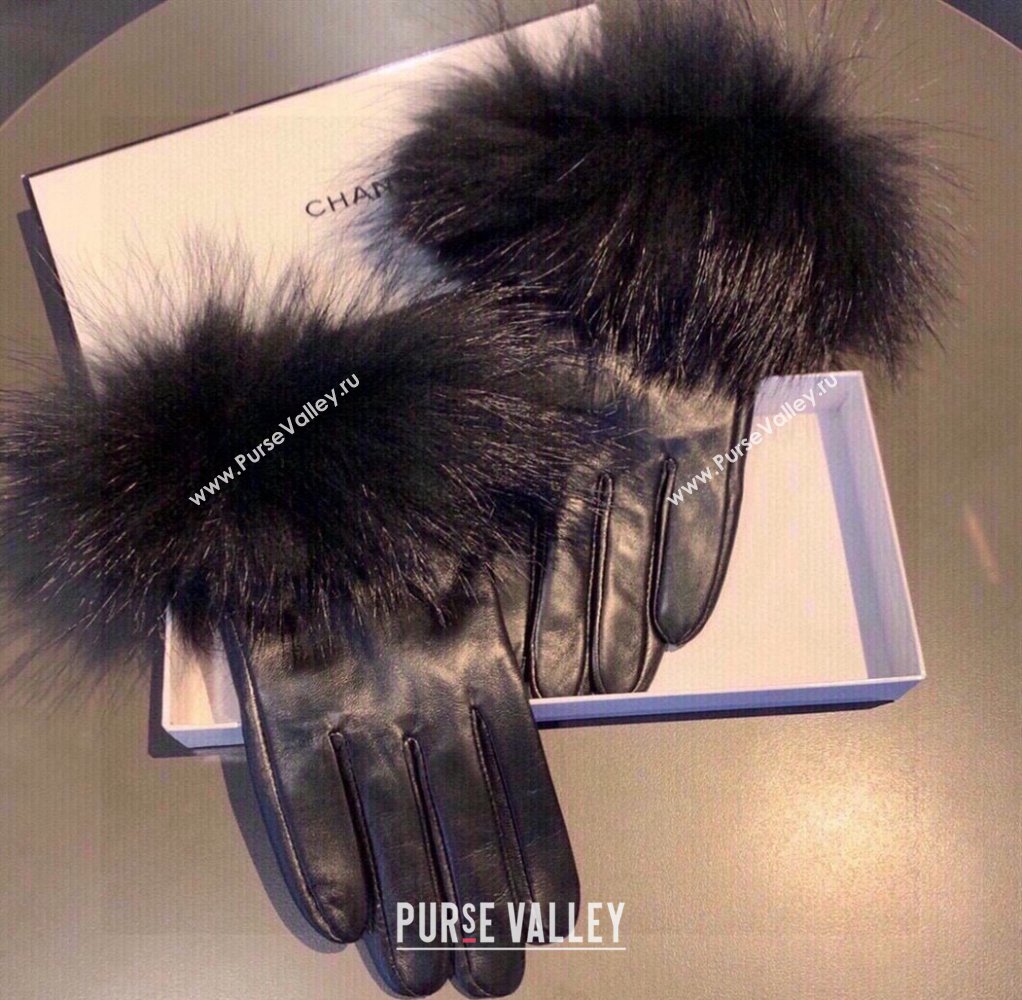 Chanel Rabbit Fur and Black Lambskin Gloves with Fox Fur Charm Blue 2024 1129 (XMN-241129045)