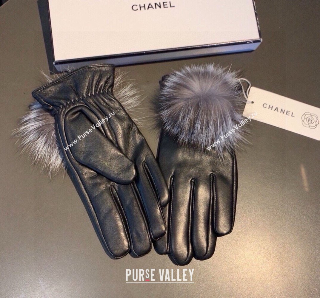 Chanel Rabbit Fur and Black Lambskin Gloves with Fox Fur Pompon Grey 2024 1129 (XMN-241129049)