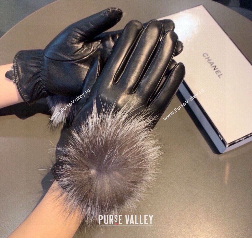 Chanel Rabbit Fur and Black Lambskin Gloves with Fox Fur Pompon Grey 2024 1129 (XMN-241129049)