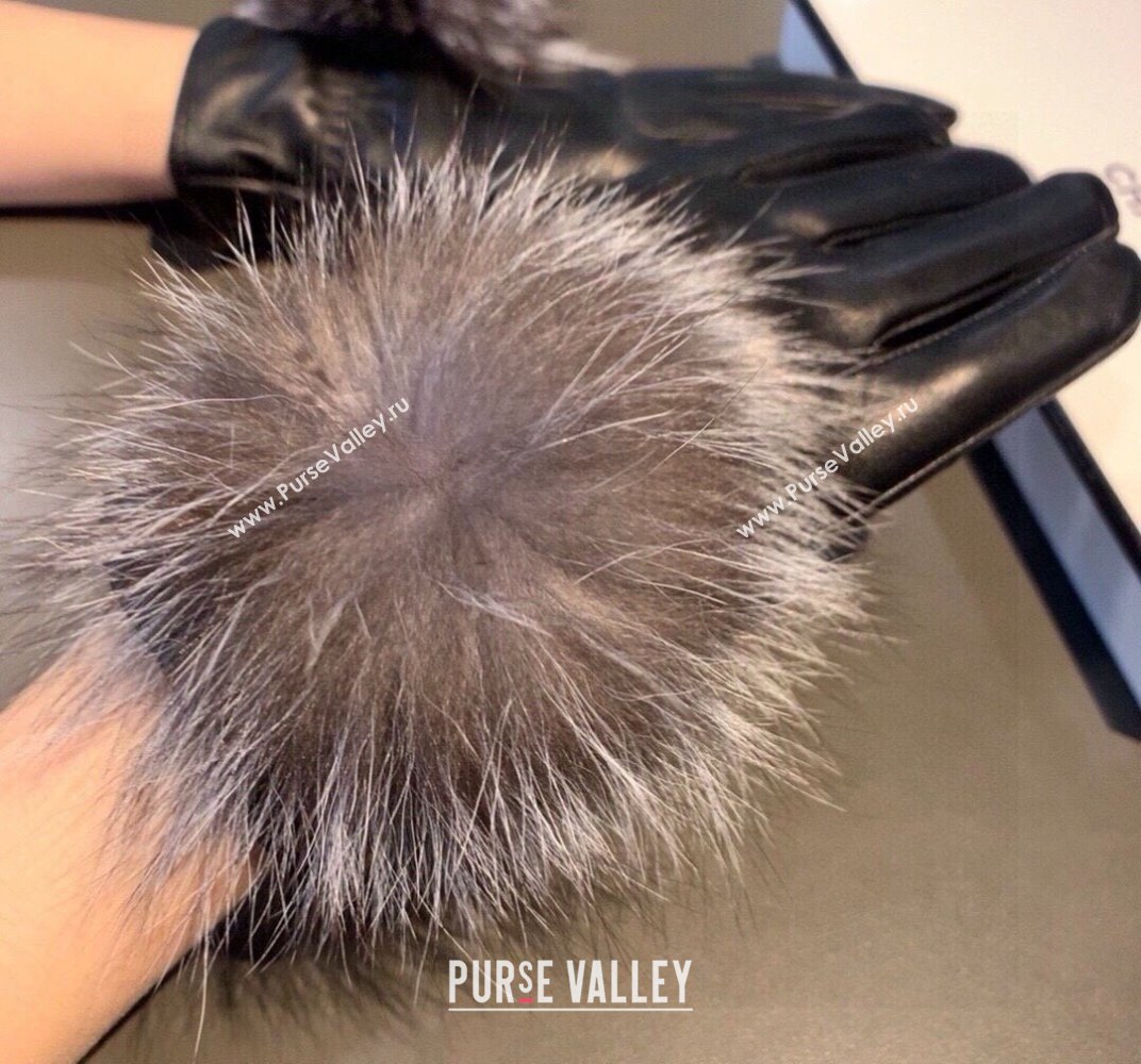 Chanel Rabbit Fur and Black Lambskin Gloves with Fox Fur Pompon Grey 2024 1129 (XMN-241129049)