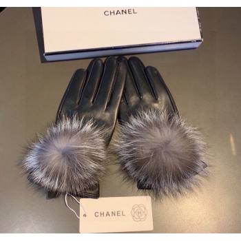 Chanel Rabbit Fur and Black Lambskin Gloves with Fox Fur Pompon Grey 2024 1129 (XMN-241129049)