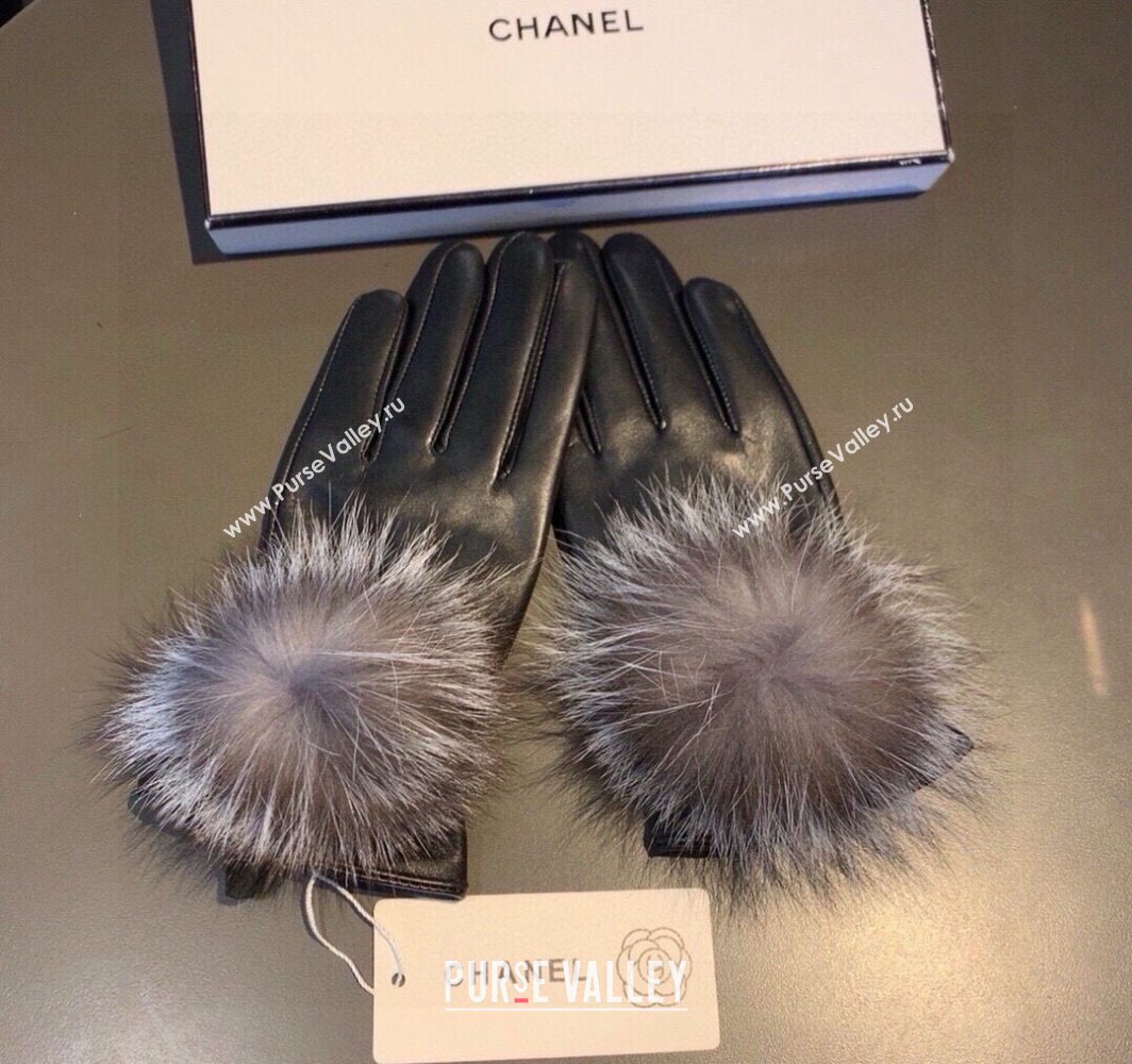 Chanel Rabbit Fur and Black Lambskin Gloves with Fox Fur Pompon Grey 2024 1129 (XMN-241129049)