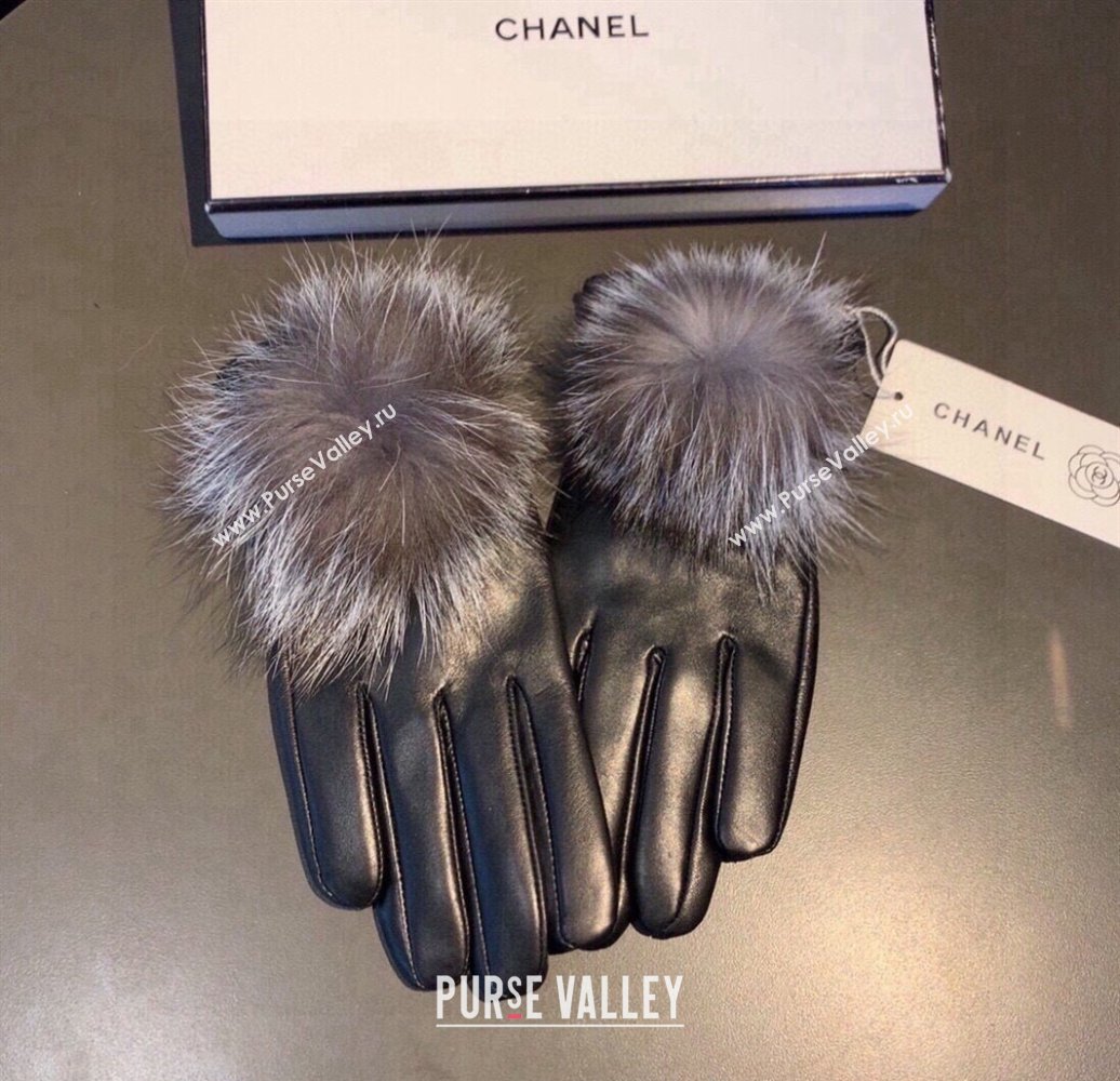 Chanel Rabbit Fur and Black Lambskin Gloves with Fox Fur Pompon Grey 2024 1129 (XMN-241129049)