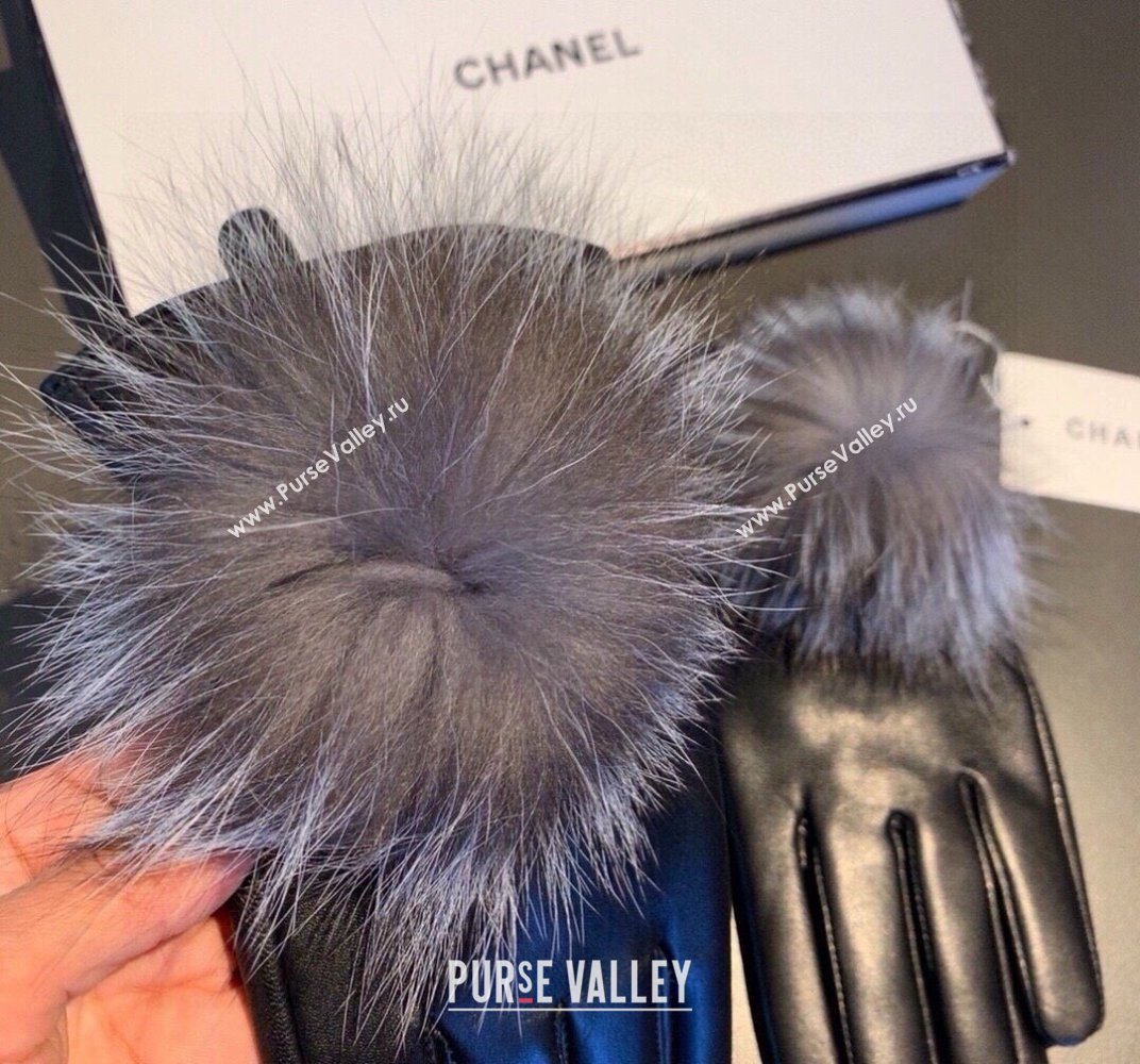 Chanel Rabbit Fur and Black Lambskin Gloves with Fox Fur Pompon Grey 2024 1129 (XMN-241129049)