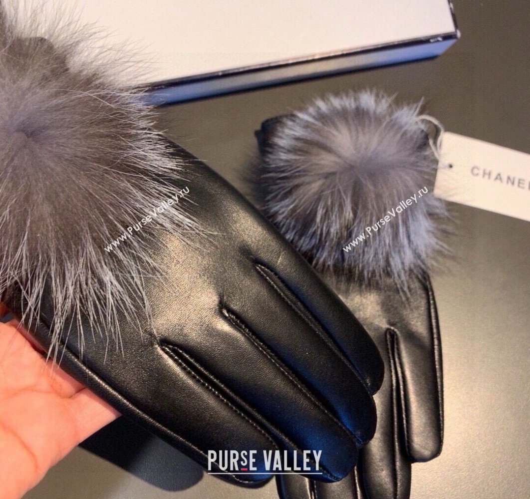 Chanel Rabbit Fur and Black Lambskin Gloves with Fox Fur Pompon Grey 2024 1129 (XMN-241129049)