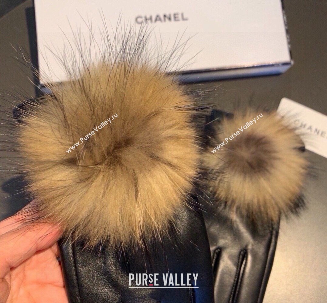 Chanel Rabbit Fur and Black Lambskin Gloves with Fox Fur Pompon Beige 2024 1129 (XMN-241129050)