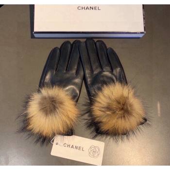 Chanel Rabbit Fur and Black Lambskin Gloves with Fox Fur Pompon Beige 2024 1129 (XMN-241129050)