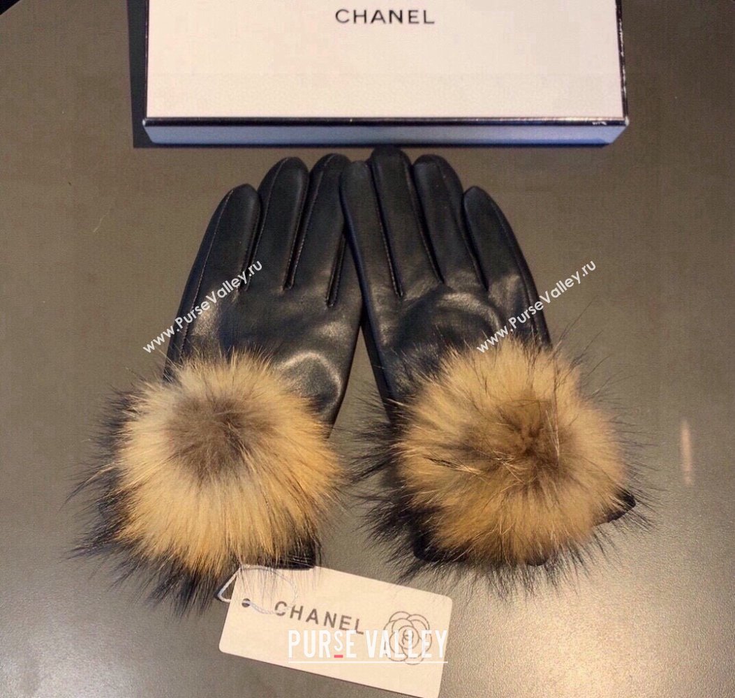 Chanel Rabbit Fur and Black Lambskin Gloves with Fox Fur Pompon Beige 2024 1129 (XMN-241129050)