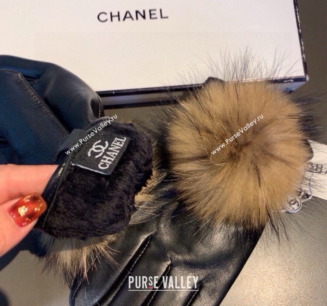 Chanel Rabbit Fur and Black Lambskin Gloves with Fox Fur Pompon Beige 2024 1129 (XMN-241129050)