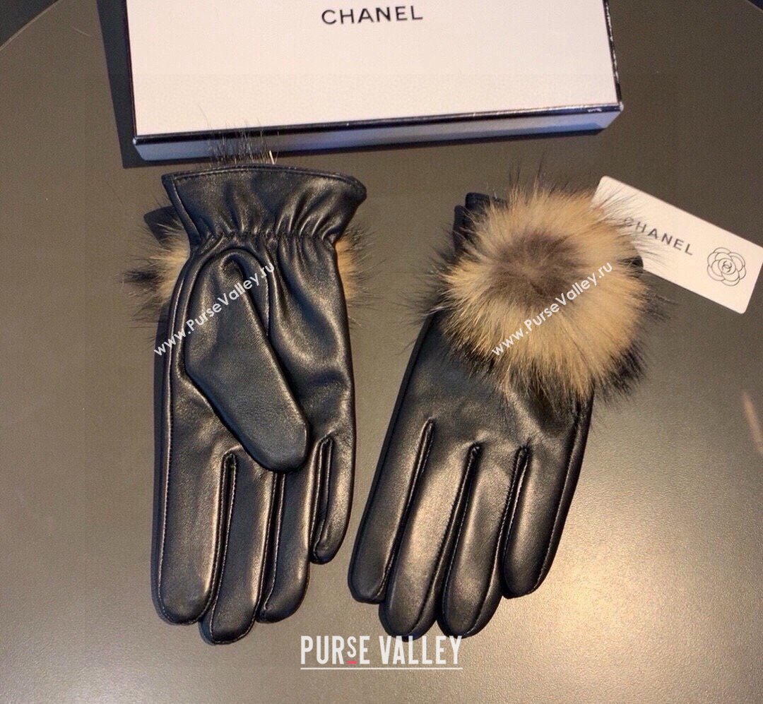 Chanel Rabbit Fur and Black Lambskin Gloves with Fox Fur Pompon Beige 2024 1129 (XMN-241129050)