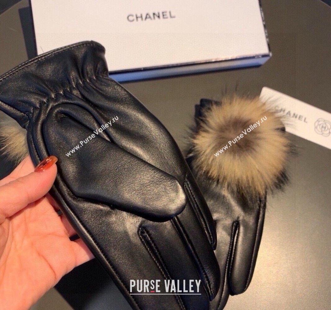 Chanel Rabbit Fur and Black Lambskin Gloves with Fox Fur Pompon Beige 2024 1129 (XMN-241129050)