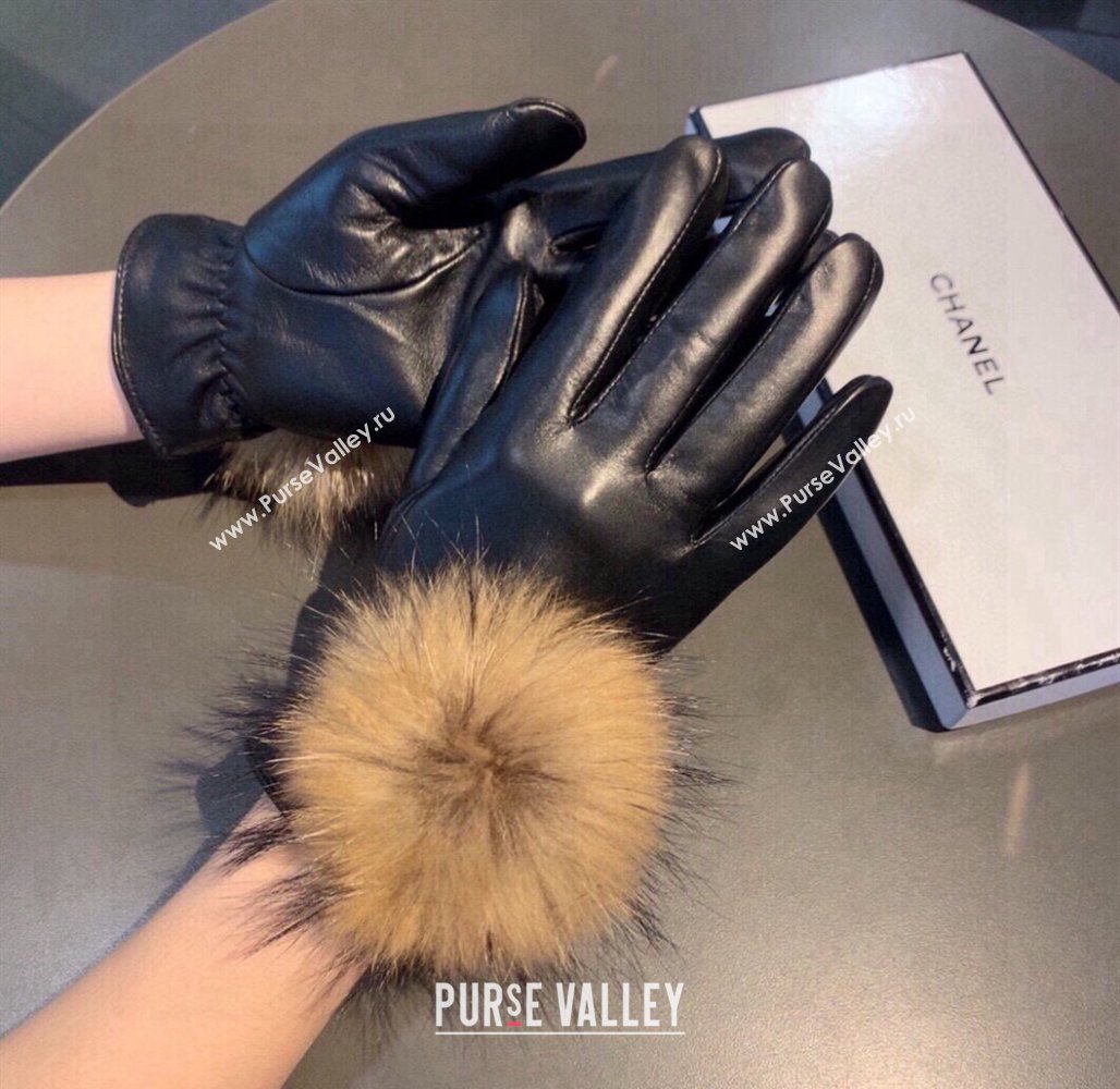 Chanel Rabbit Fur and Black Lambskin Gloves with Fox Fur Pompon Beige 2024 1129 (XMN-241129050)