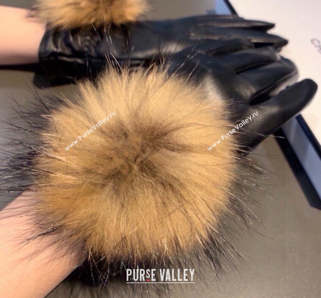 Chanel Rabbit Fur and Black Lambskin Gloves with Fox Fur Pompon Beige 2024 1129 (XMN-241129050)