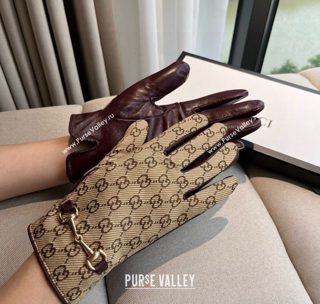 Gucci GG Canvas and Lambskin Gloves with Horsebit Beige 2024 1129 (A-241129051)