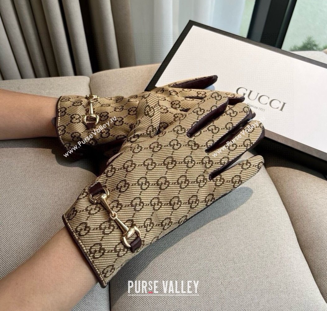 Gucci GG Canvas and Lambskin Gloves with Horsebit Beige 2024 1129 (A-241129051)