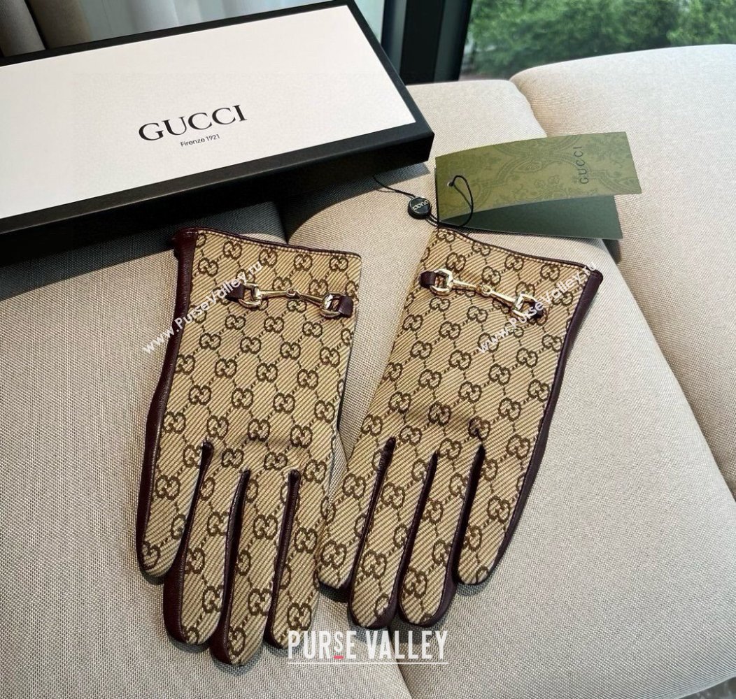 Gucci GG Canvas and Lambskin Gloves with Horsebit Beige 2024 1129 (A-241129051)