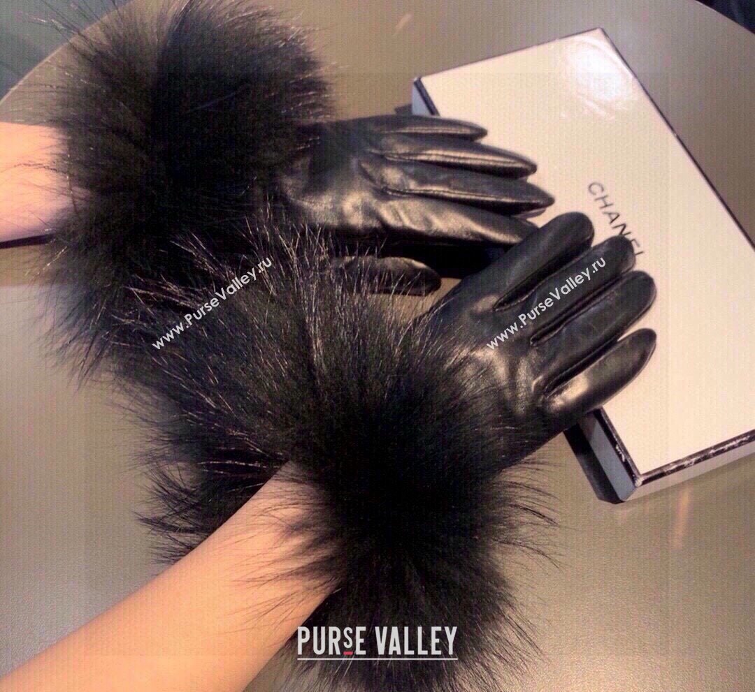 Chanel Rabbit Fur and Black Lambskin Gloves with Fox Fur Charm Blue 2024 1129 (XMN-241129045)