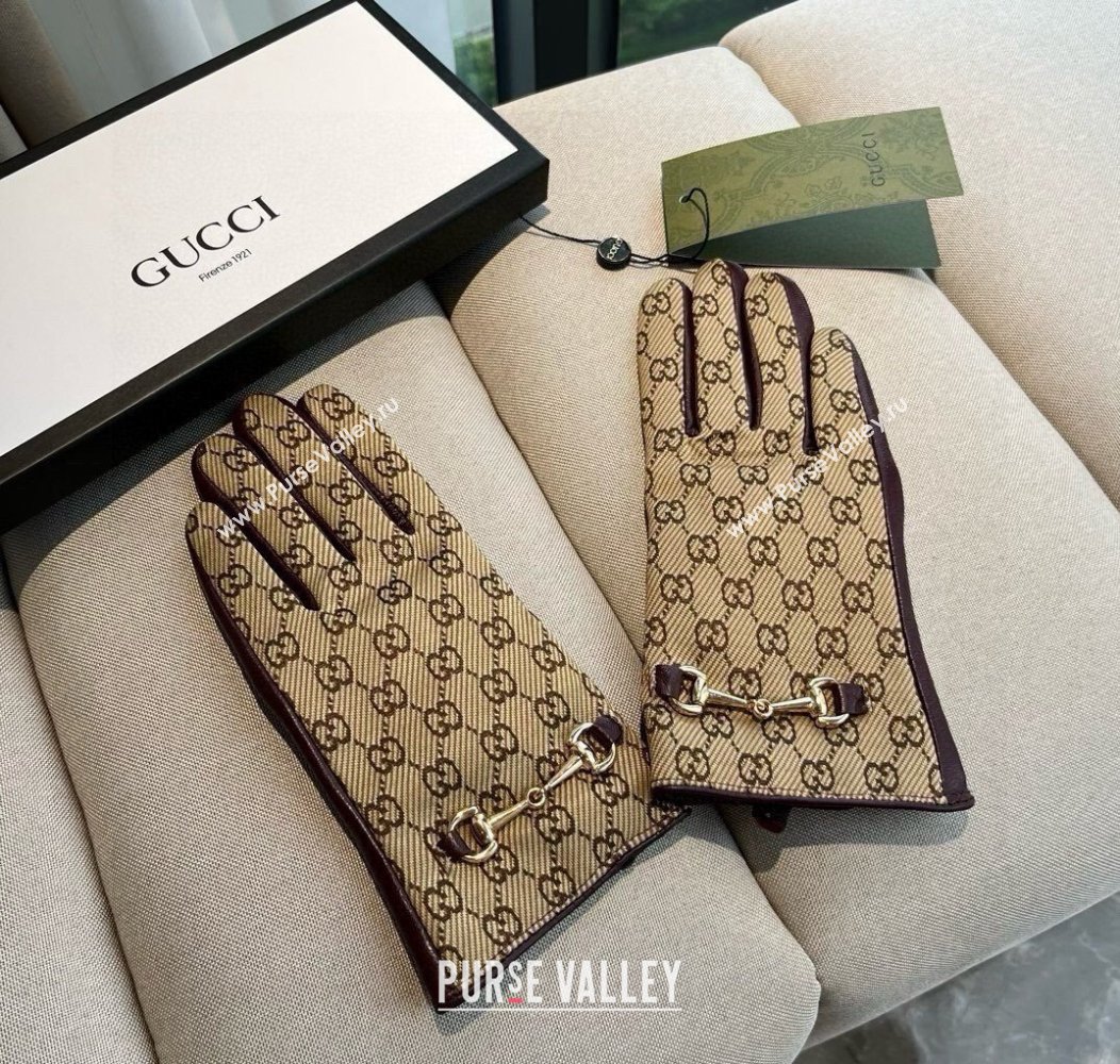 Gucci GG Canvas and Lambskin Gloves with Horsebit Beige 2024 1129 (A-241129051)