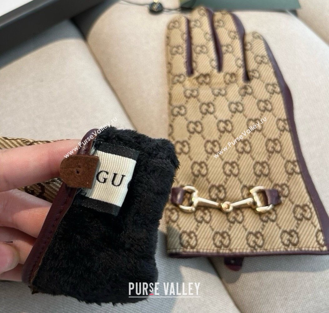 Gucci GG Canvas and Lambskin Gloves with Horsebit Beige 2024 1129 (A-241129051)