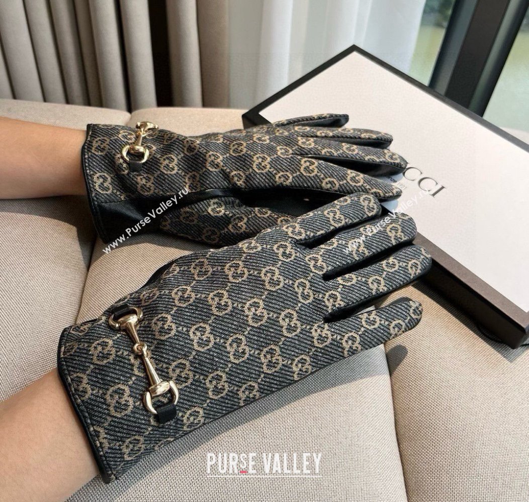 Gucci GG Canvas and Lambskin Gloves with Horsebit Dark Blue 2024 1129 (A-241129052)