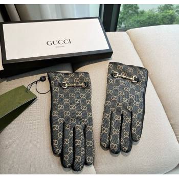 Gucci GG Canvas and Lambskin Gloves with Horsebit Dark Blue 2024 1129 (A-241129052)