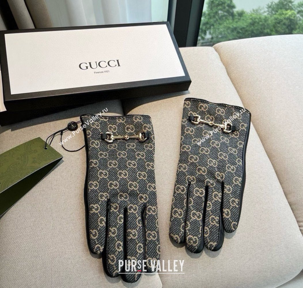 Gucci GG Canvas and Lambskin Gloves with Horsebit Dark Blue 2024 1129 (A-241129052)