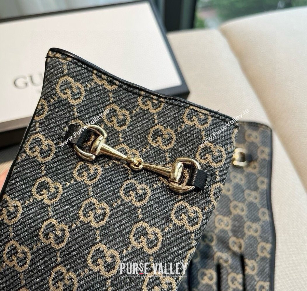 Gucci GG Canvas and Lambskin Gloves with Horsebit Dark Blue 2024 1129 (A-241129052)