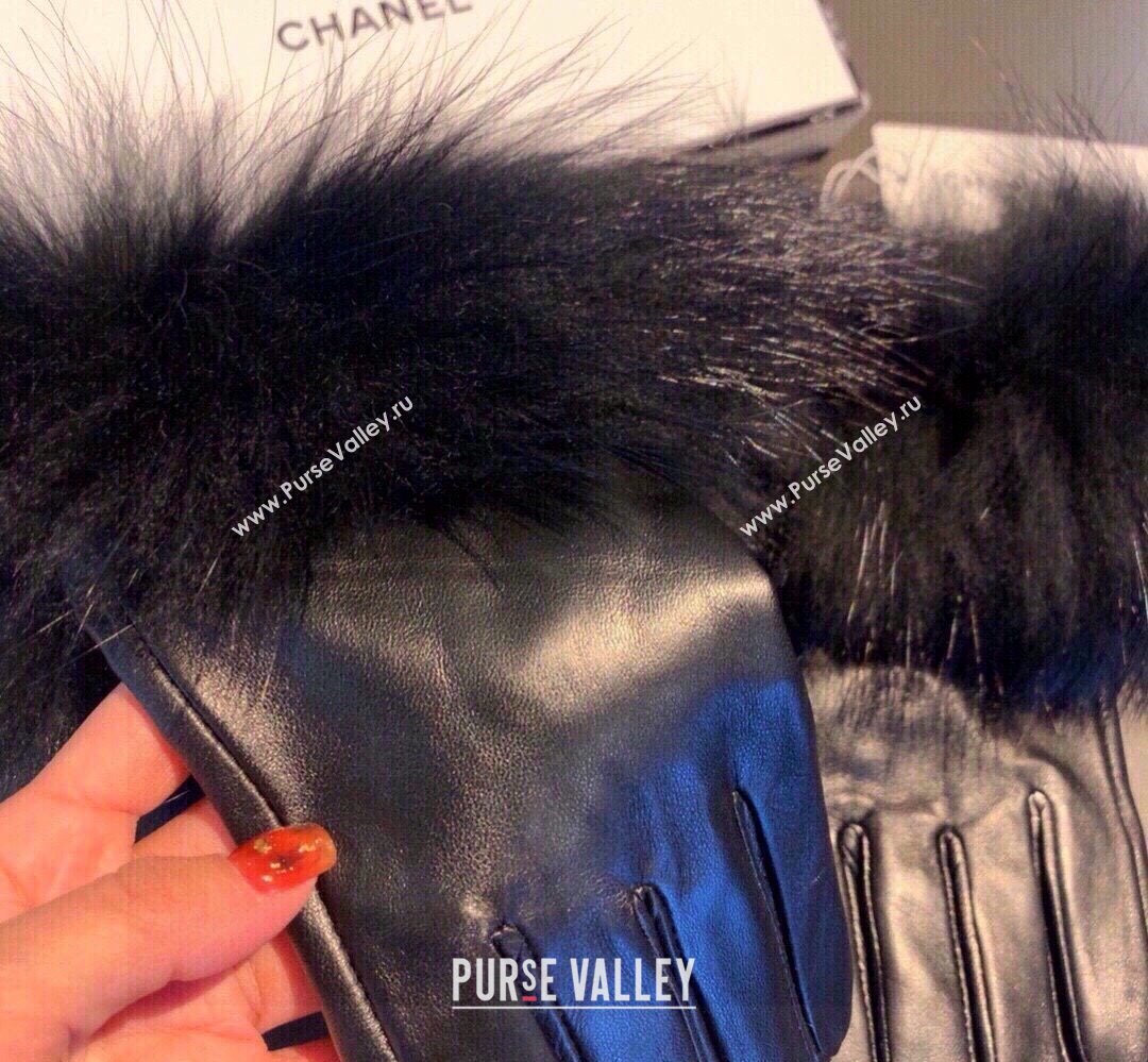 Chanel Rabbit Fur and Black Lambskin Gloves with Fox Fur Charm Blue 2024 1129 (XMN-241129045)