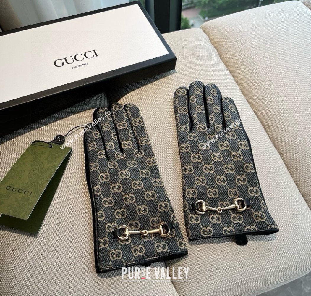 Gucci GG Canvas and Lambskin Gloves with Horsebit Dark Blue 2024 1129 (A-241129052)