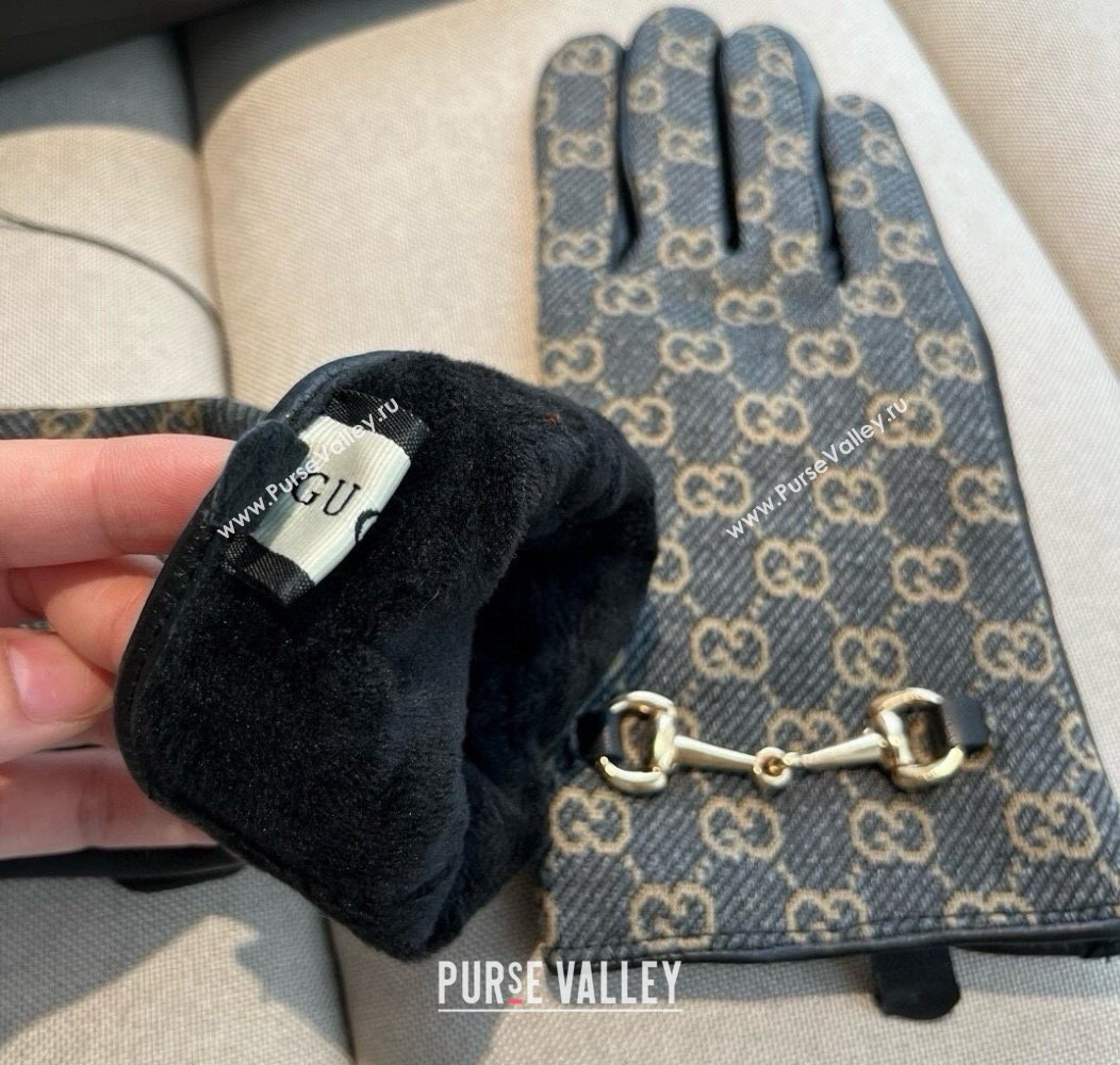 Gucci GG Canvas and Lambskin Gloves with Horsebit Dark Blue 2024 1129 (A-241129052)