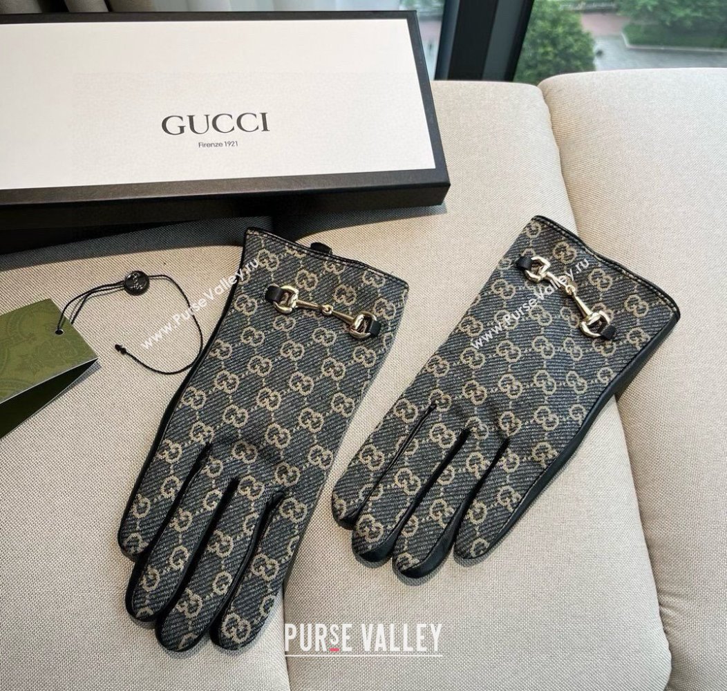 Gucci GG Canvas and Lambskin Gloves with Horsebit Dark Blue 2024 1129 (A-241129052)