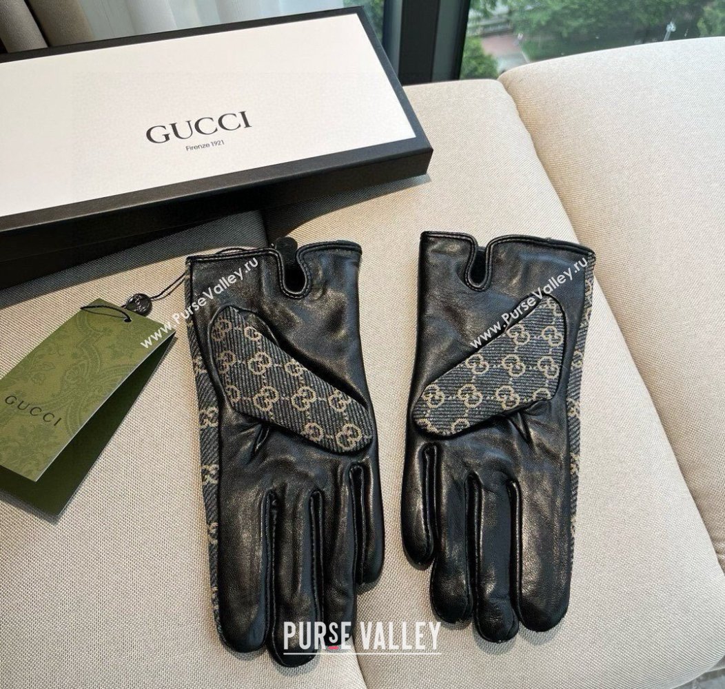 Gucci GG Canvas and Lambskin Gloves with Horsebit Dark Blue 2024 1129 (A-241129052)