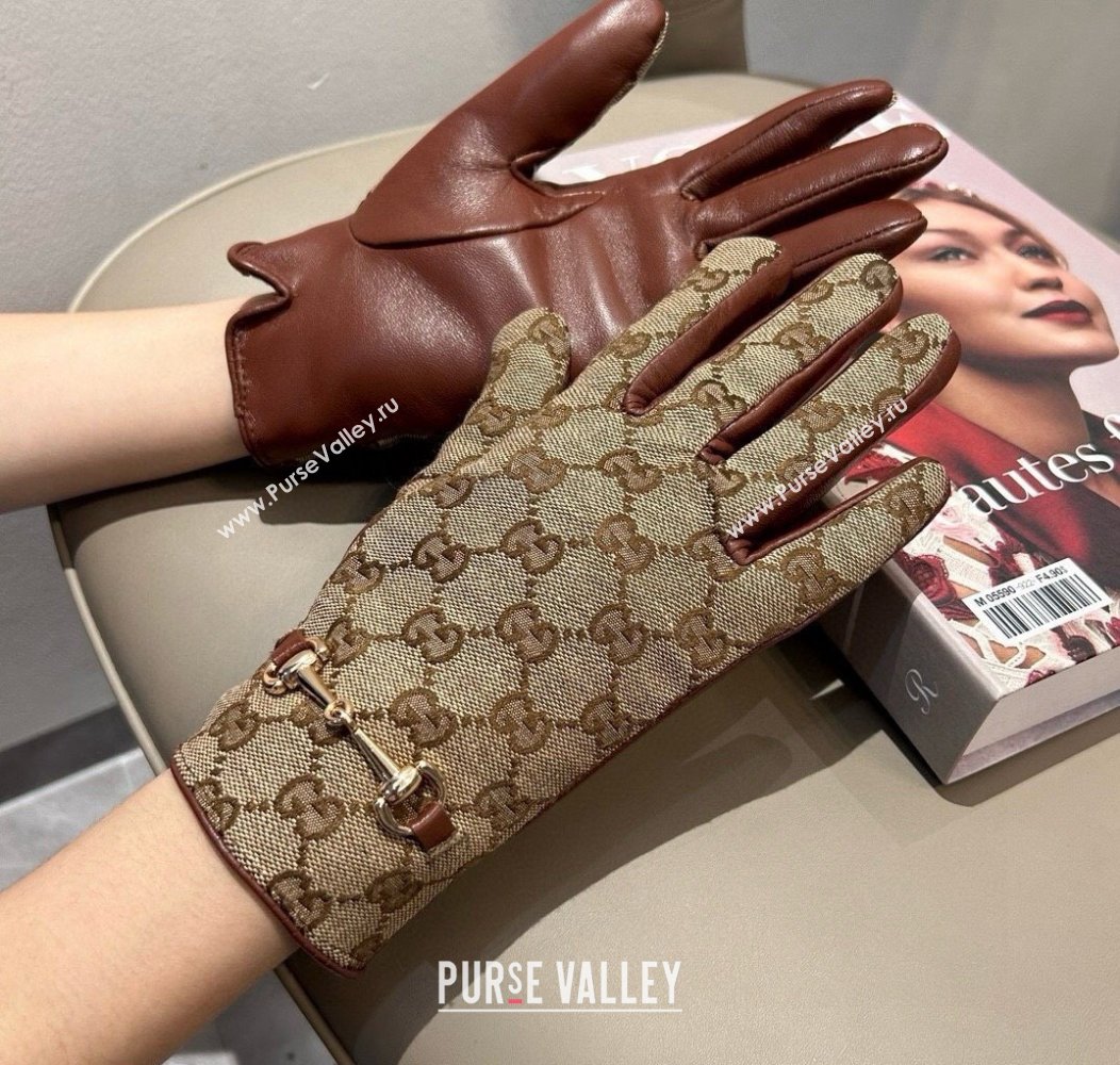 Gucci GG Canvas and Lambskin Gloves with Horsebit Camel 2024 1129 (A-241129053)