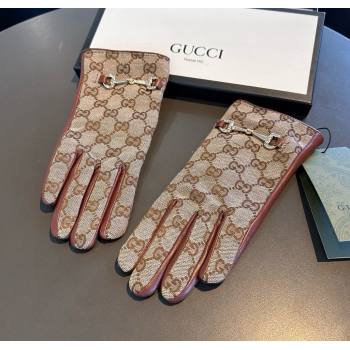 Gucci GG Canvas and Lambskin Gloves with Horsebit Camel 2024 1129 (A-241129053)