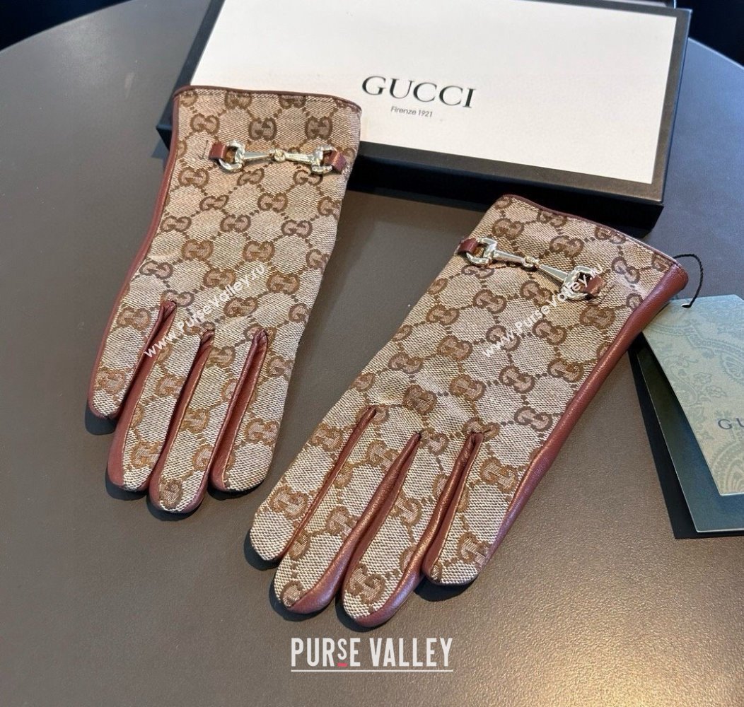 Gucci GG Canvas and Lambskin Gloves with Horsebit Camel 2024 1129 (A-241129053)