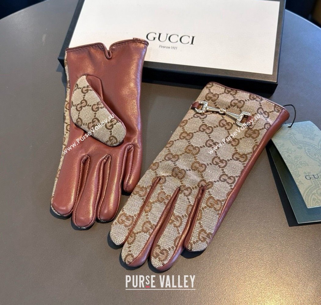 Gucci GG Canvas and Lambskin Gloves with Horsebit Camel 2024 1129 (A-241129053)