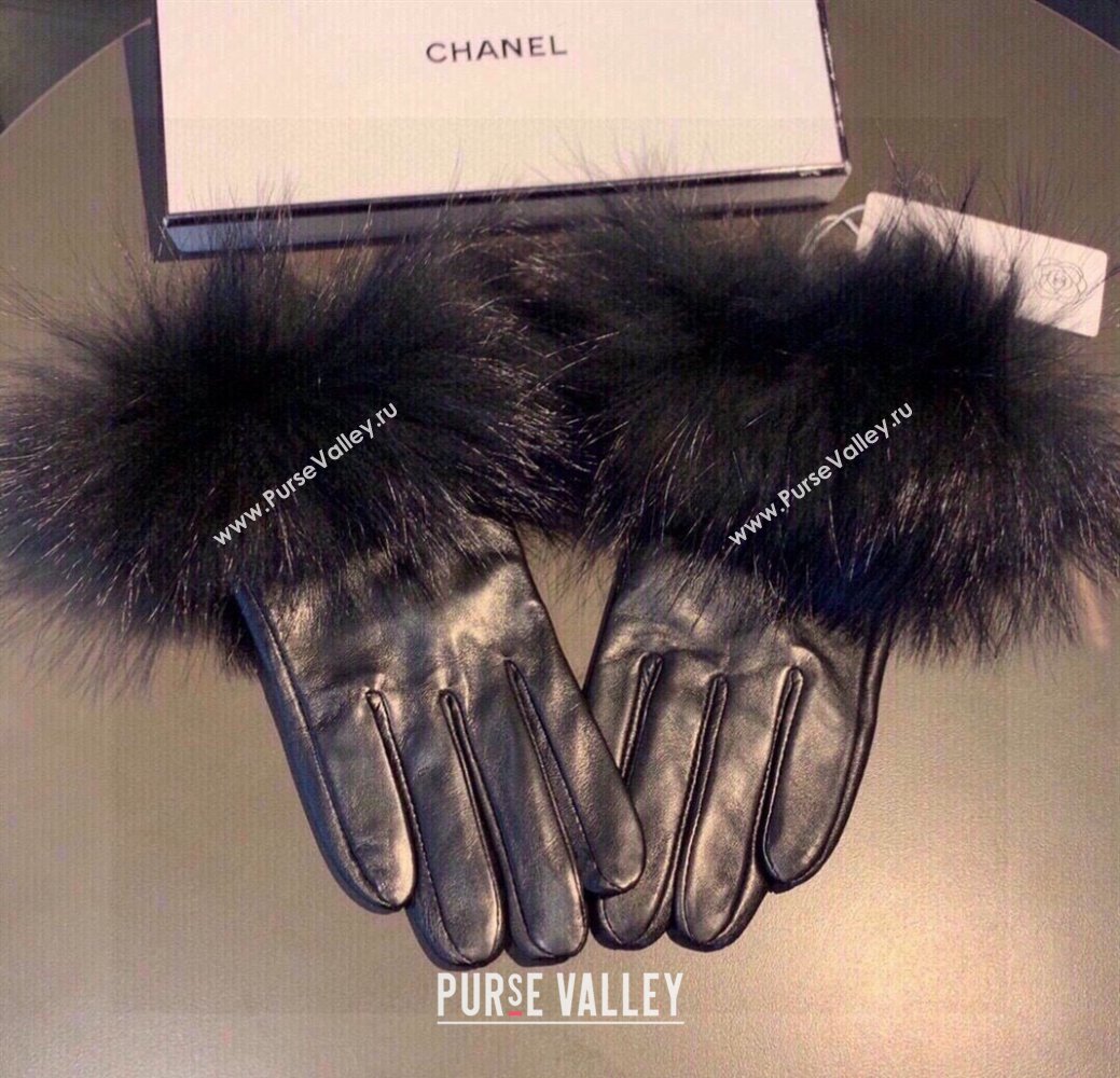 Chanel Rabbit Fur and Black Lambskin Gloves with Fox Fur Charm Blue 2024 1129 (XMN-241129045)