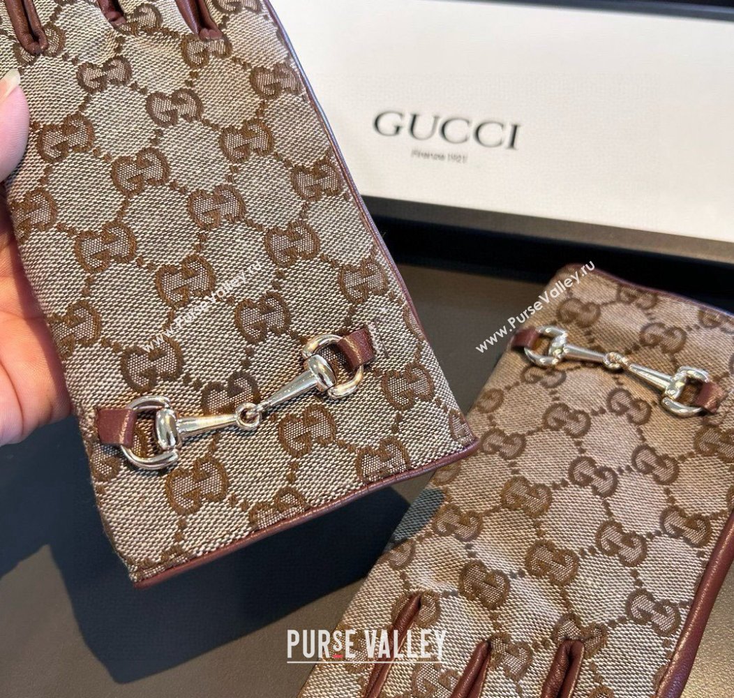 Gucci GG Canvas and Lambskin Gloves with Horsebit Camel 2024 1129 (A-241129053)