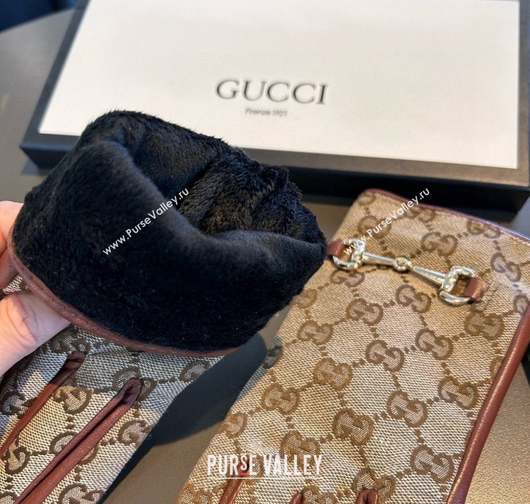 Gucci GG Canvas and Lambskin Gloves with Horsebit Camel 2024 1129 (A-241129053)